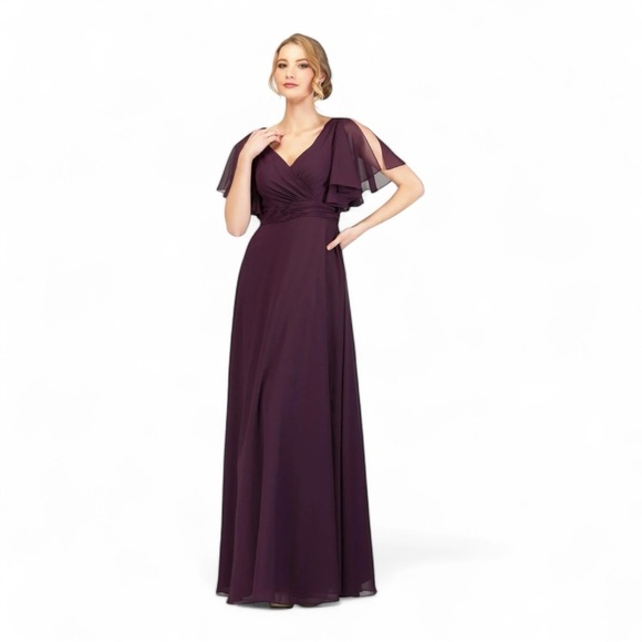 Abby Paris A-Line Sheer Chiffon V-Neck Drape Sleeves Formal Gown - Plum NWT - Picture 1 of 8